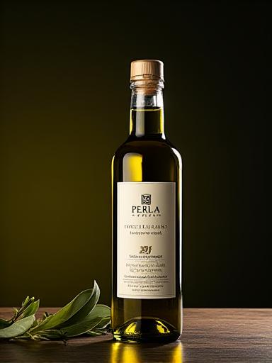 Elegante bottiglia di olio extra vergine di oliva 'Perla Siciliana'.